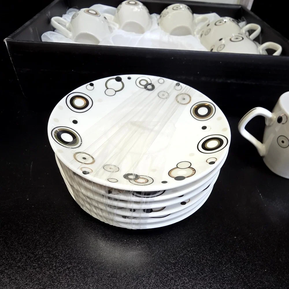 Espresso Cup and Saucer 12pc Set White Black Gold Geometric Modern Minimalist